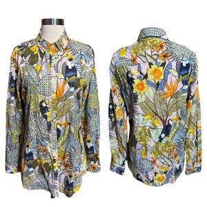 J. McLaughlin Lois Bird Tropical Resort Long Sleeve Cotton Button Down Tunic M